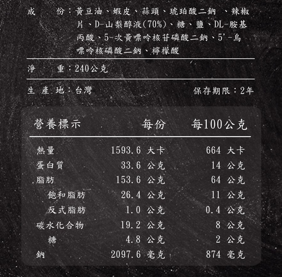 份:黃豆油、蝦皮、蒜頭、琥珀酸二鈉、辣椒片、D-山梨醇液(70%)、糖、鹽、DL-胺基丙酸、5-次黃嘌呤核苷磷酸二鈉、5-烏嘌呤核磷酸二鈉、檸檬酸淨 重:240公克生產地:台灣保存期限:2年營養標示每份每100公克熱量1593.6 大卡664 大卡蛋白質33.6公克14 公克脂肪153.6公克64 公克飽和脂肪26.4 公克11 公克反式脂肪1.0 公克0.4 公克碳水化合物19.2 公克8 公克糖4.8公克2 公克鈉2097.6 毫克874 毫克